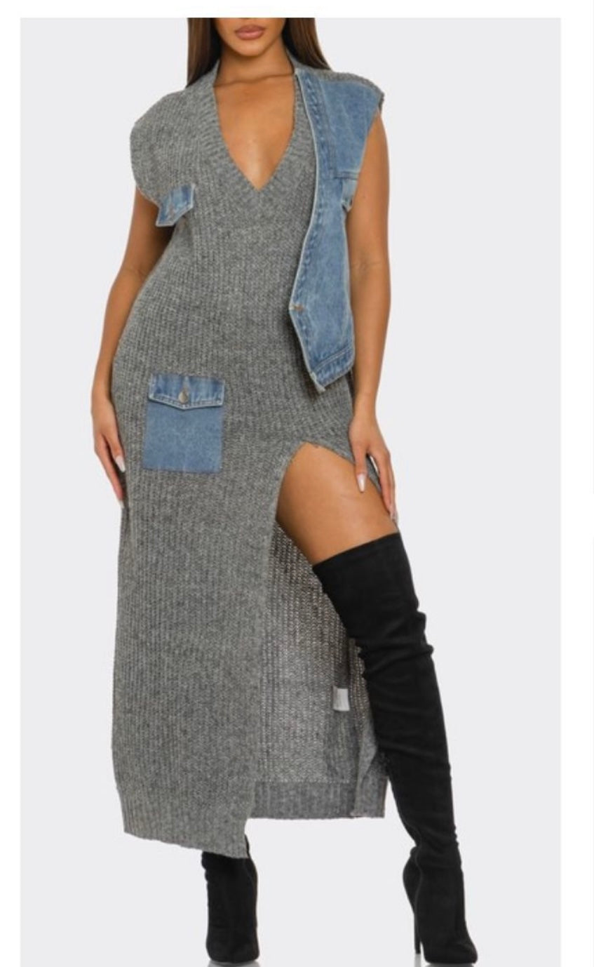 Sweater dress with denim